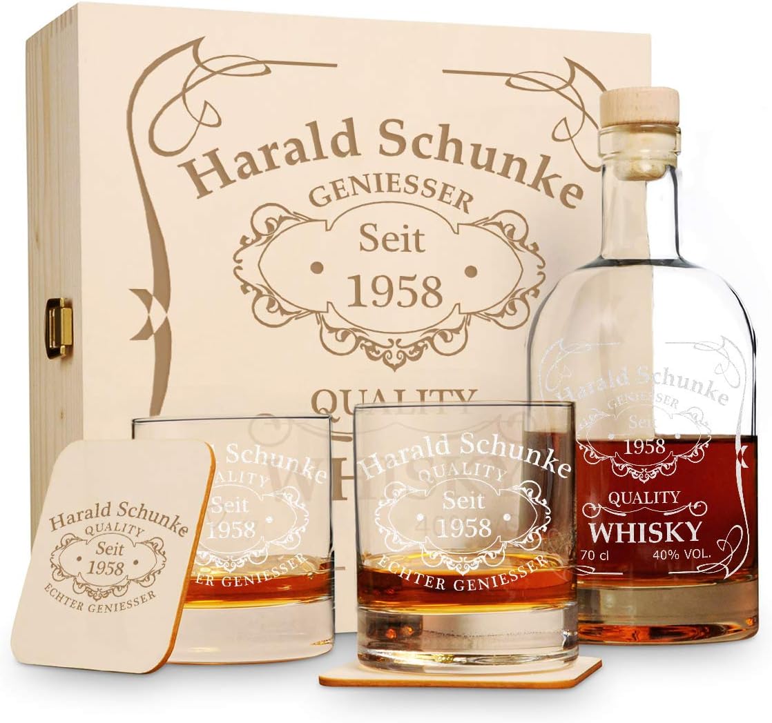 polar-effekt 6 TLG Geschenk-Set in Holzkiste mit Gravur - 2 Whiskygläser, 2...