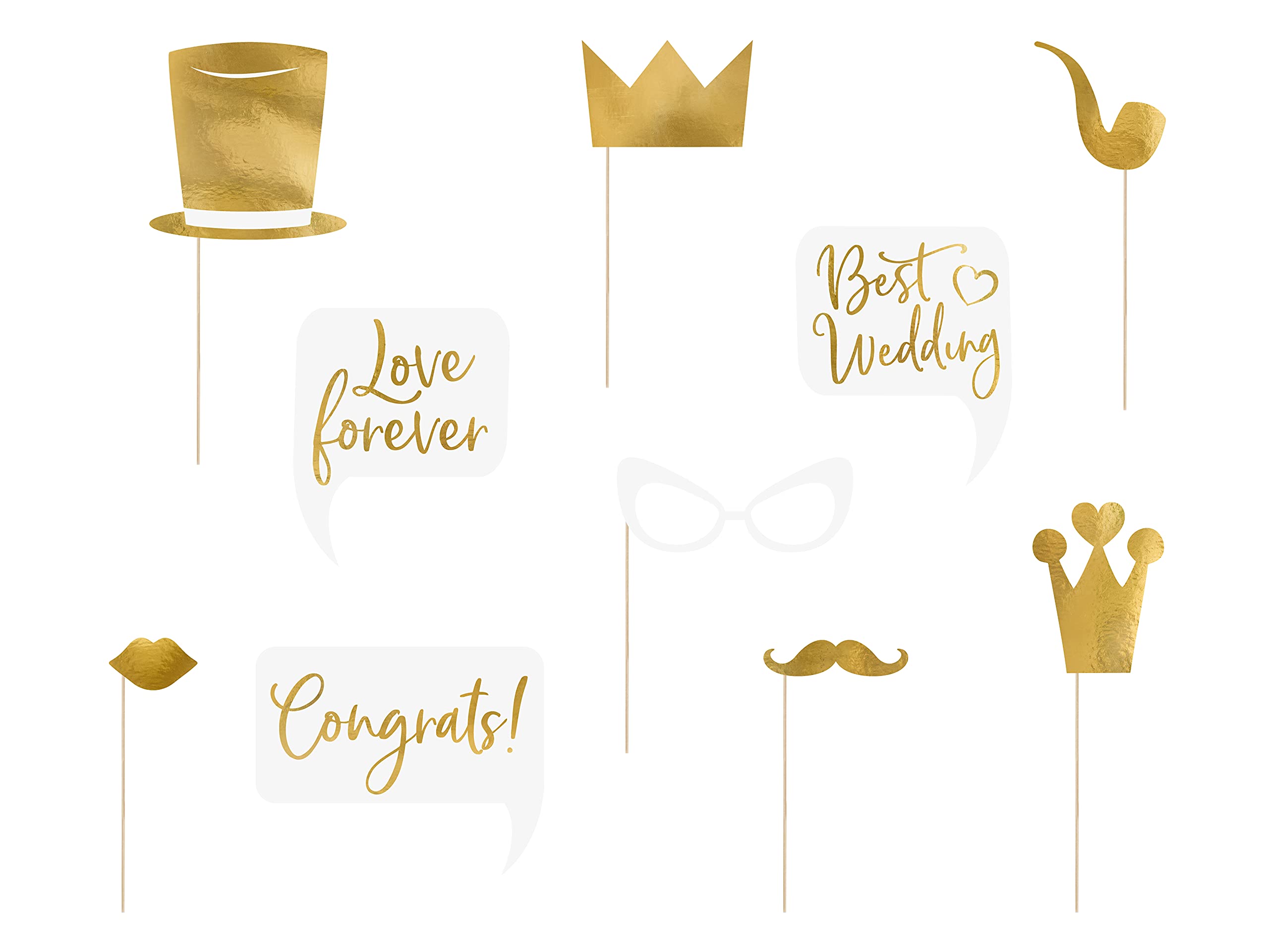 DIY Hochzeits-Photo-Props Set – 10 Requisiten, 10 Stäbchen, 10 Klebepads (Weiß-Gold)