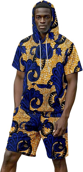 Mens African 2 Piece Set Short Sleeve Shirt and Shorts Outfits Ankara Traditional Pattern Printed Dashiki Casual Clothing