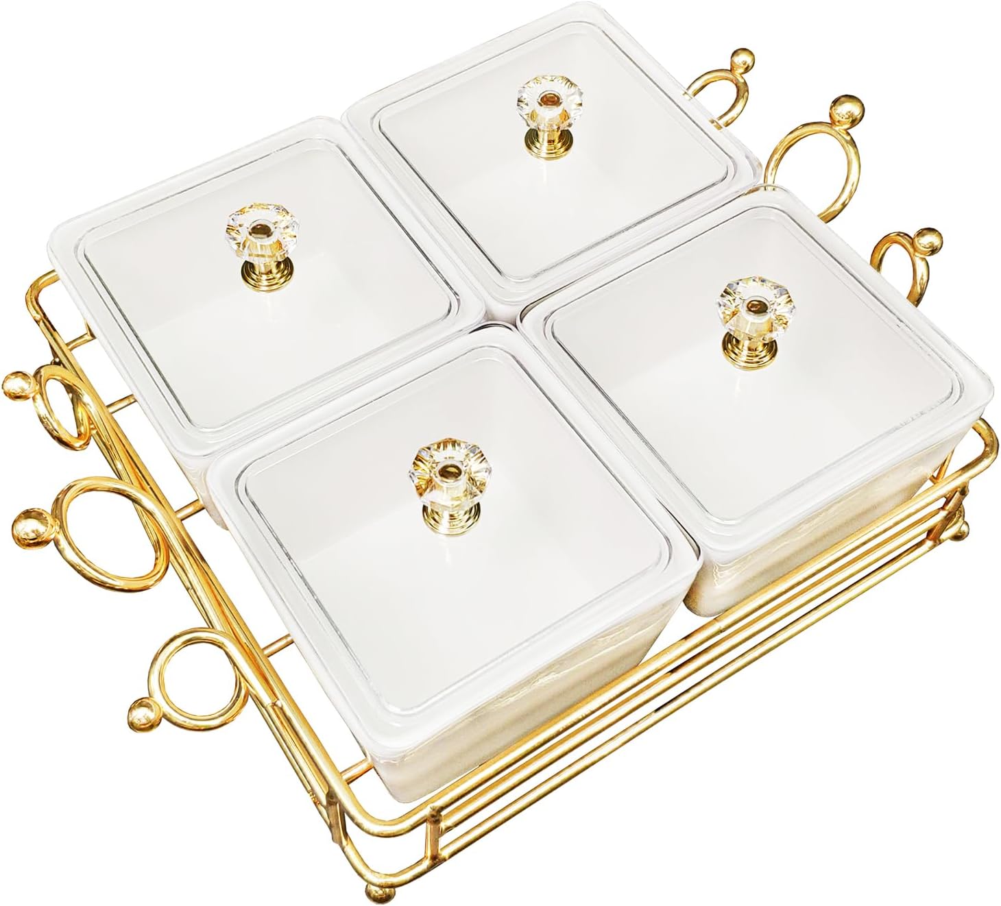 YA JU Ceramic Bowls and with Lid Gold Basket Trays, 4 Removable Small Bowls Condiment Trays Nut Serving Set for Snacks, Fruits, Candy and Condiments - Great for Parties, Holiday Gifts,White