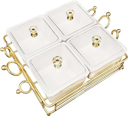 Miniatura 1 de Cuencos de cerámica y con tapa, bandejas doradas, 4 cuencos pequeños extraíbles para condimentos, juego de frutos secos para aperitivos, frutas,