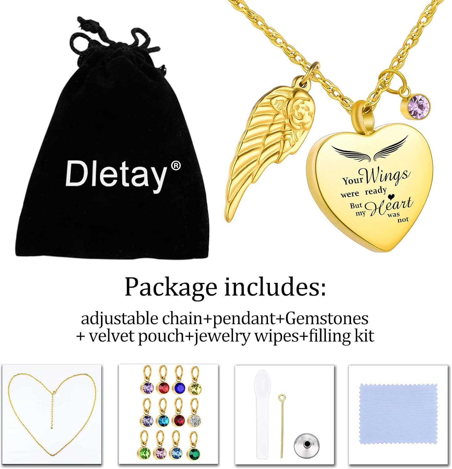 Dletay Heart Urn Necklace for Ashes with 12 Birthstones Cremation Jewelry for Ashes -Your Wings Were Ready My Heart Was Not - Image 7