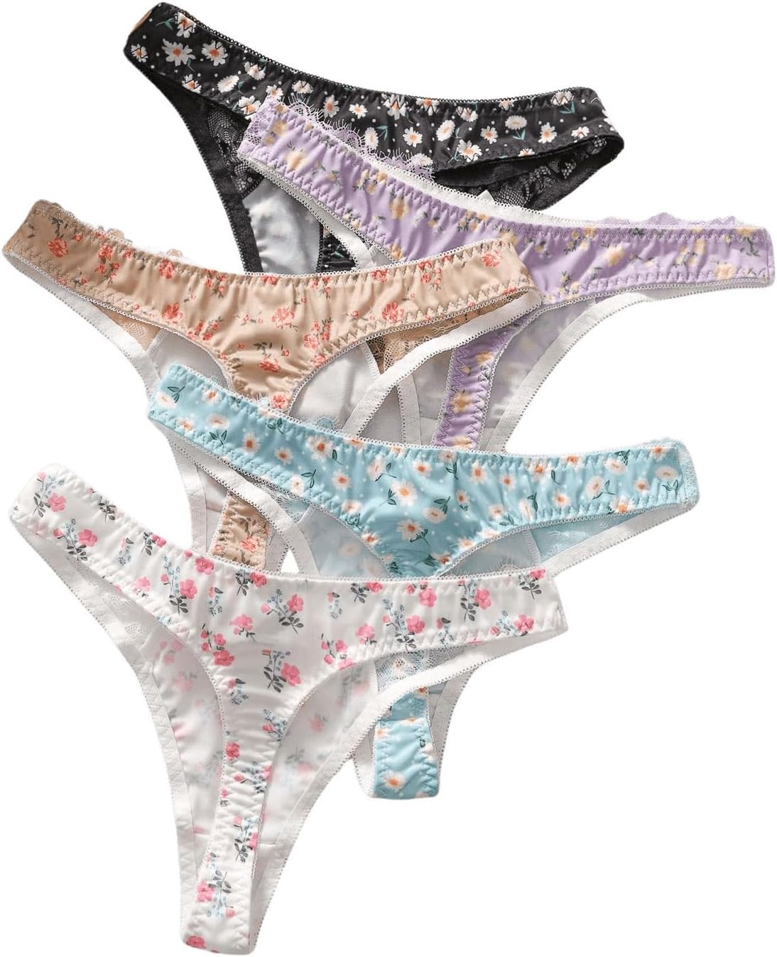 SHENHE Women's 5 Pack Floral Print Thongs Underwear Contrast Lace Cute Bow Panties - Image 3