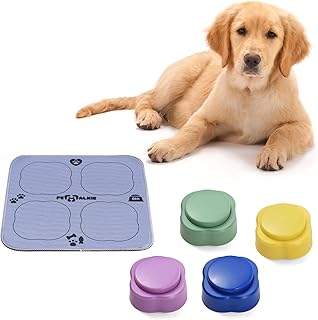 JOYID 4pcs Colorful Small Voice Recording Buttons for Dog Training 30s Recording & Playback Dog Buttons for Communication Pet Training Buzzer Battery Powered Recordable Sound Buttons with Mat