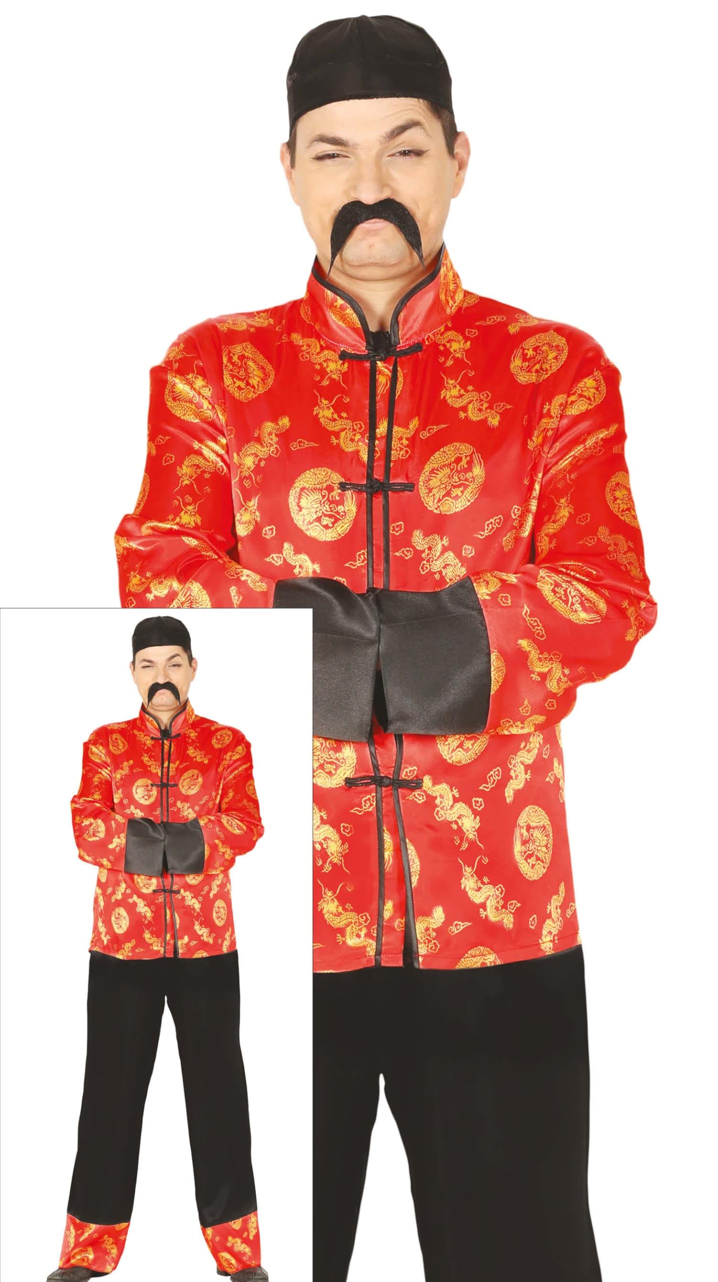 FIESTAS GUIRCA | Disfraz de Mandarín Adulto - Chaqueta, Gorro y Pantalón - Disfraces Asiáticos para Fiestas Temáticas, Carnaval y Halloween - Ideal para Hombre