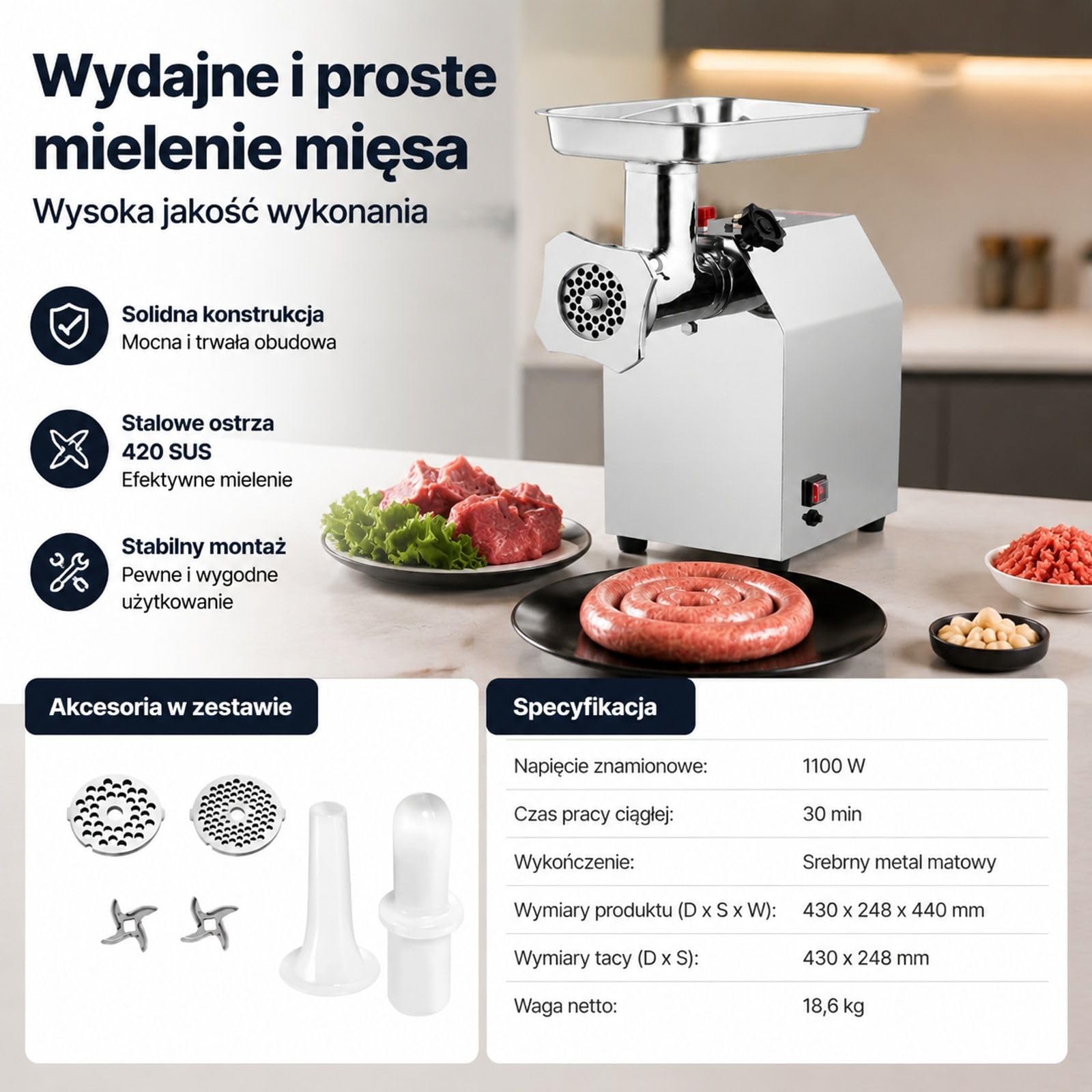 Elektryczna maszynka do mięsa ze stali nierdzewnej na blat, 1100 W, z 2 ostrzami, 2 płytkami mielącymi i nadziewarką do kiełbas do kuchni i restauracji