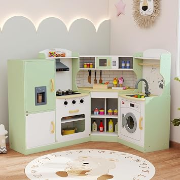 GLACER Play Kitchen, Wooden Toy Kitchen with Sounds & Lights, Washing Machine, Range Hood, Ice Maker, Microwave, Oven, Sink, Chef Suit, Kids Kitchen Playset for Toddler Age 3+ Green