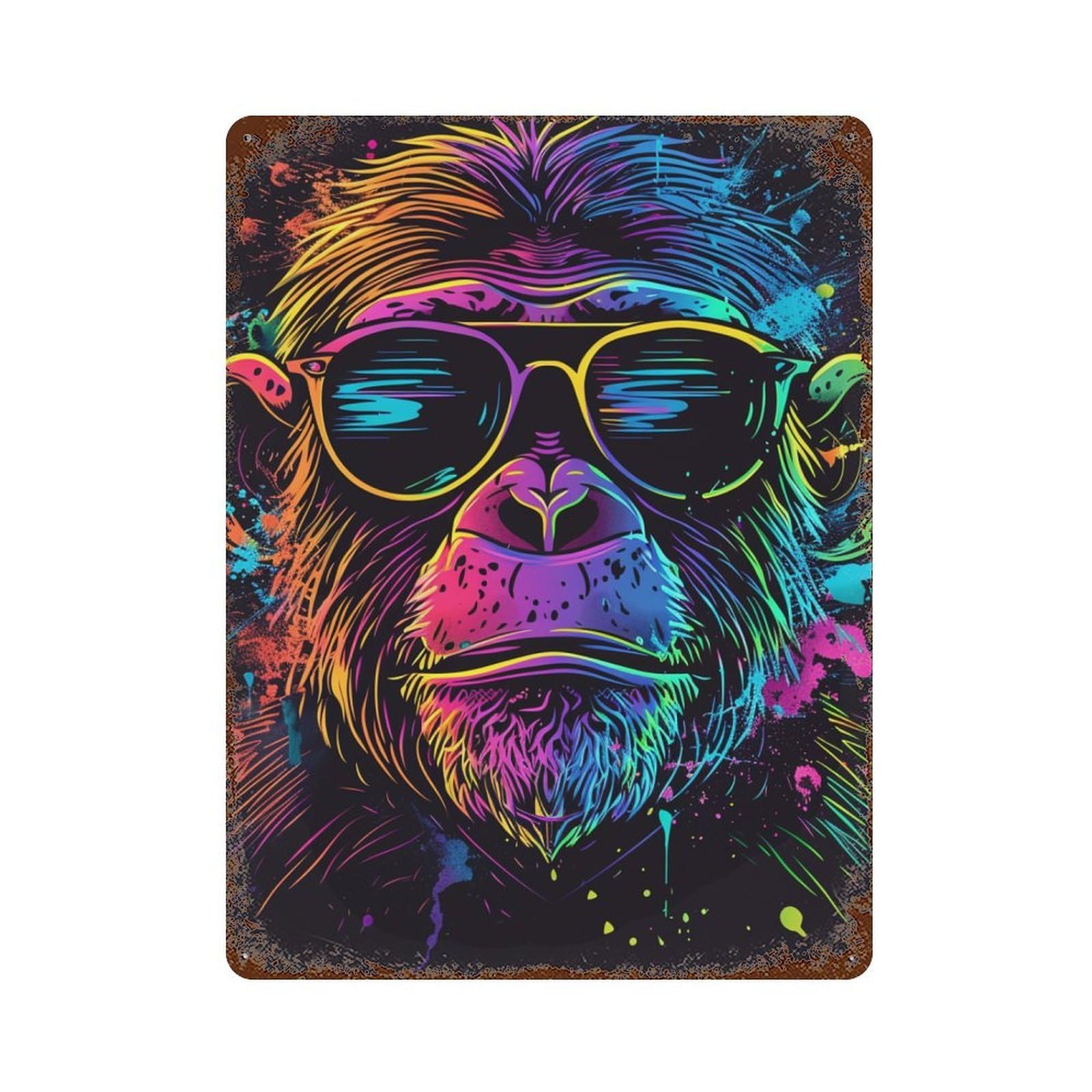 Colorful Monkey Art Print-3 Rust Effect Tin Sign 15.7"x11.8", Vintage Wall Decor for Pub, Kitchen And Man Cave Decor