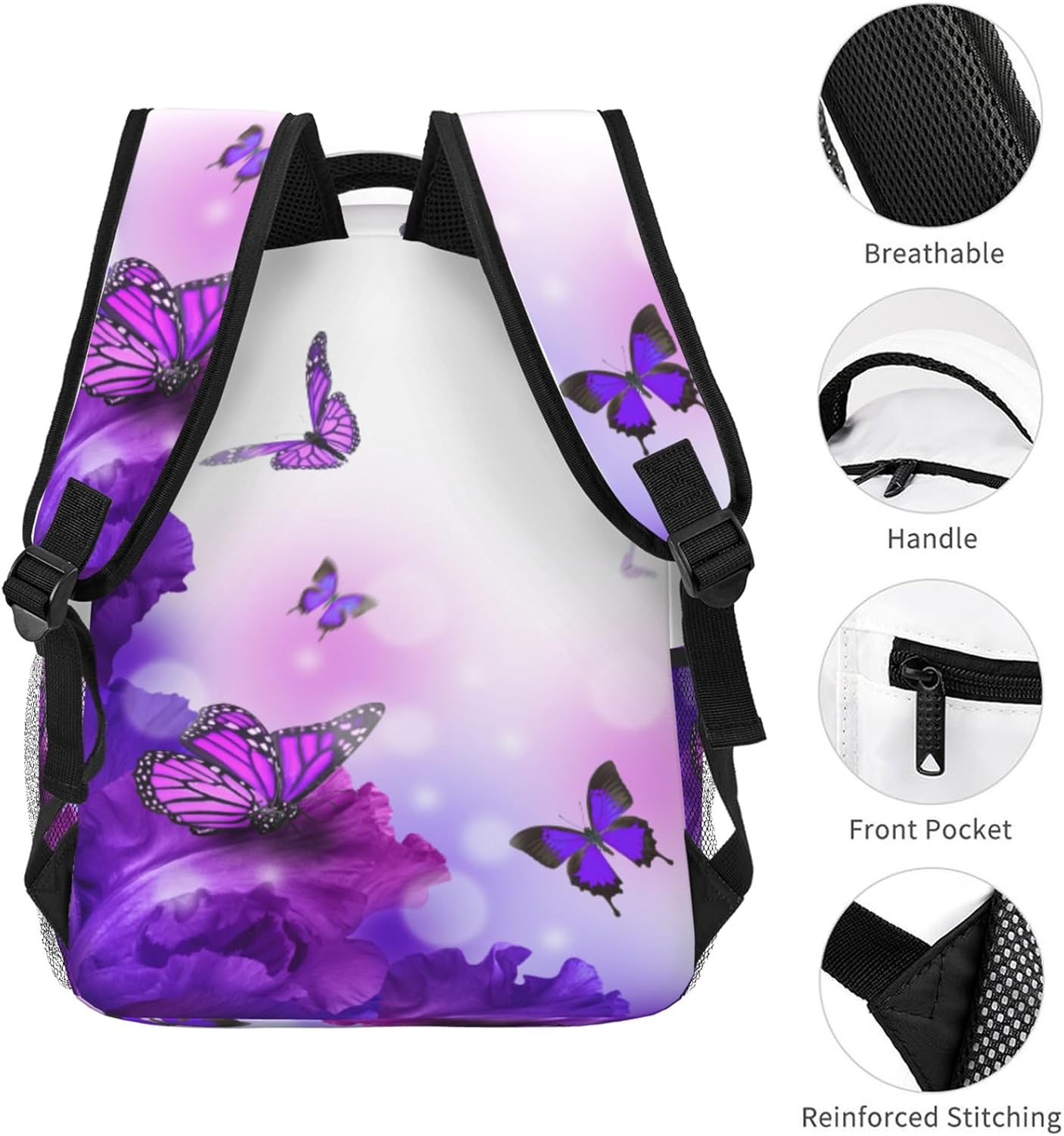 Butterfly Purple Flowers Girls Backpack Elementary Middle School Backpack Bookbag for Girls Boys Kids Teen Back to School Book Bag Gifts for 2nd 3rd 4th 5th 6th Grade Students - Image 4