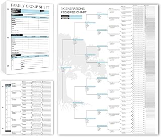 16 Family Tree Charts to Fill In, 50 Family Group Sheets 8th Generation Genealogy Worksheets Family Tree Diagrams Genealogy Supplies for Ancestry and Family History Organizer, Blue-White