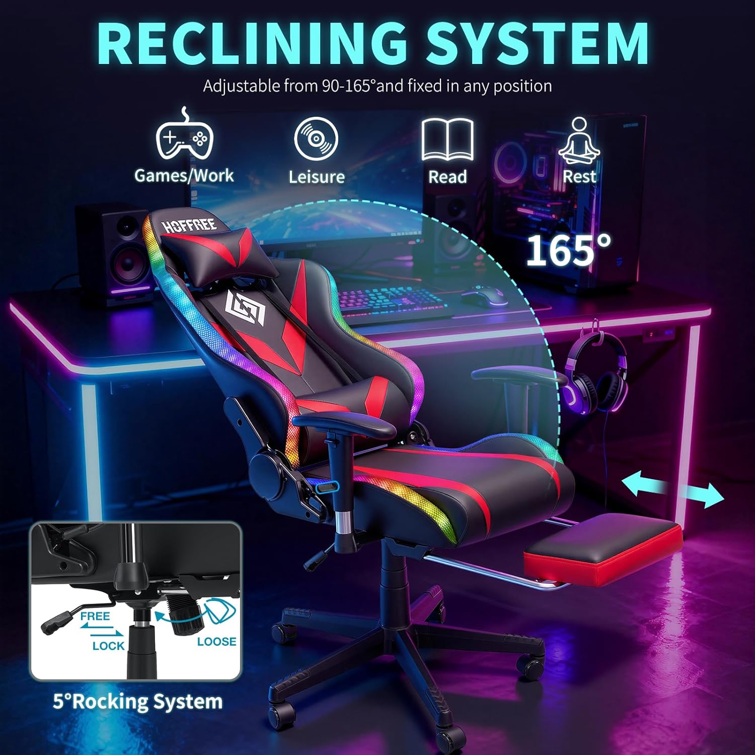 HOFFREE Gaming Chair with Bluetooth Speakers and Led Lights Massage Video Game Chair with Footrest Reclining High Back Computer Gamer Chair Red and Black