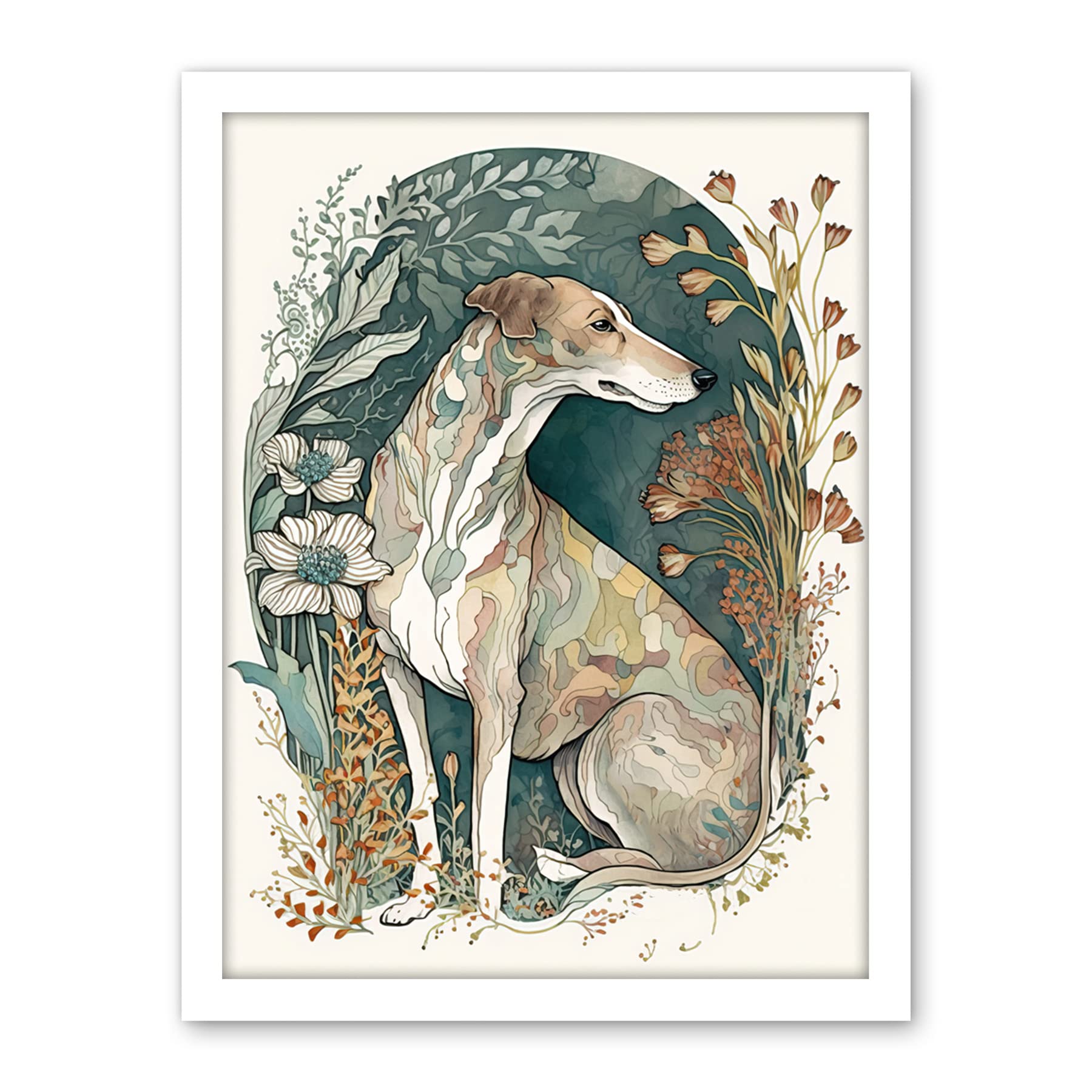 Artery8 Greyhound Dog in Flower Field Modern Pastel Boho Watercolour Illustration Artwork Framed Wall Art Print 18X24 Inch