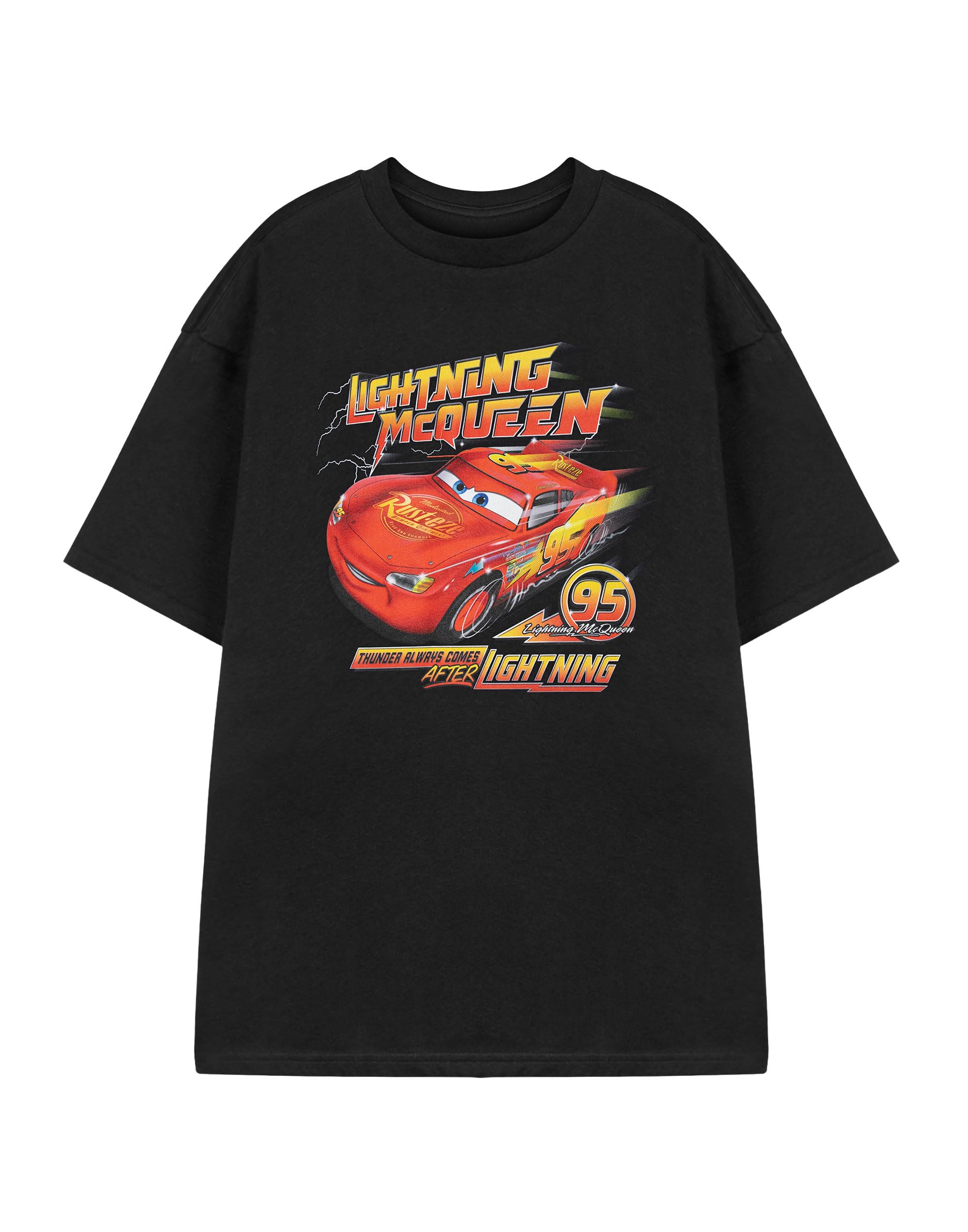 Disney Men's Black Cars Lightning Mcqueen Graphic Tee | Short Sleeve Top With Thunder Always Comes After Lightning Print | Crew Neck Cartoon Character T-Shirt | Cars Merch - Large