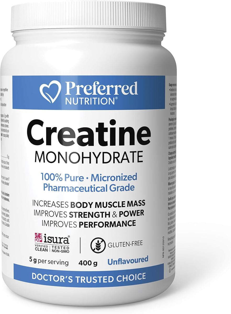 Preferred Nutrition Preferred Nutrition Creatine Monohydrate, 100% Pure, Micronized, 400 g powder, Unflavoured, 5 g per Serving = 80 Day Supply, Easy to Absorb, Increases Body Muscle Mass, Improves Strength, Power & Performance, Non-GMO, Proudly Canadian