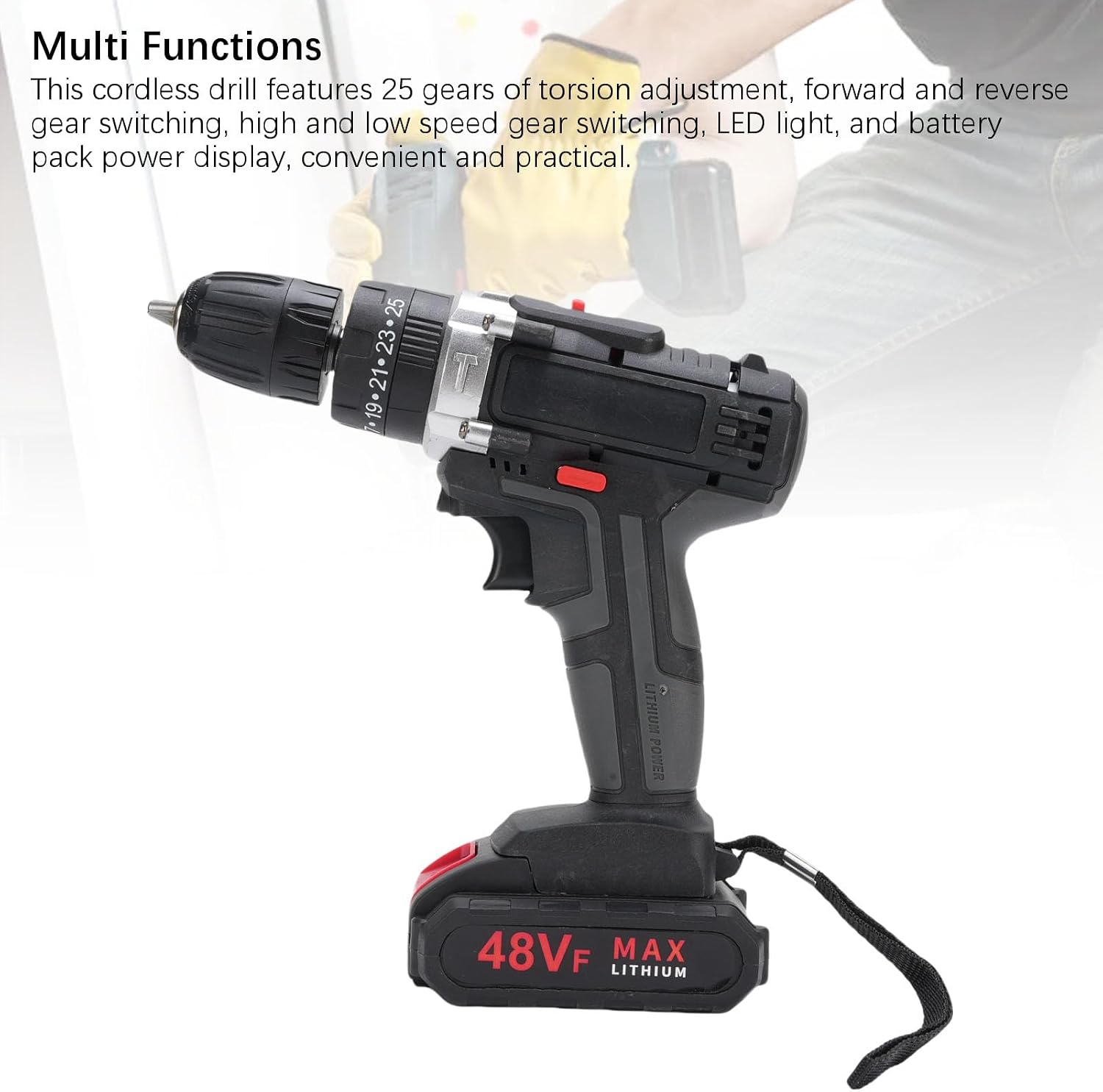 Fockety Cordless Drill Set, 21V 350W Brushless Power Drill with 25 Torsion Gears 1450RPM 5400BPM, LED Light Battery Power Display, for Wood Plastic Screw Drilling Home Maintenance (US Plug)