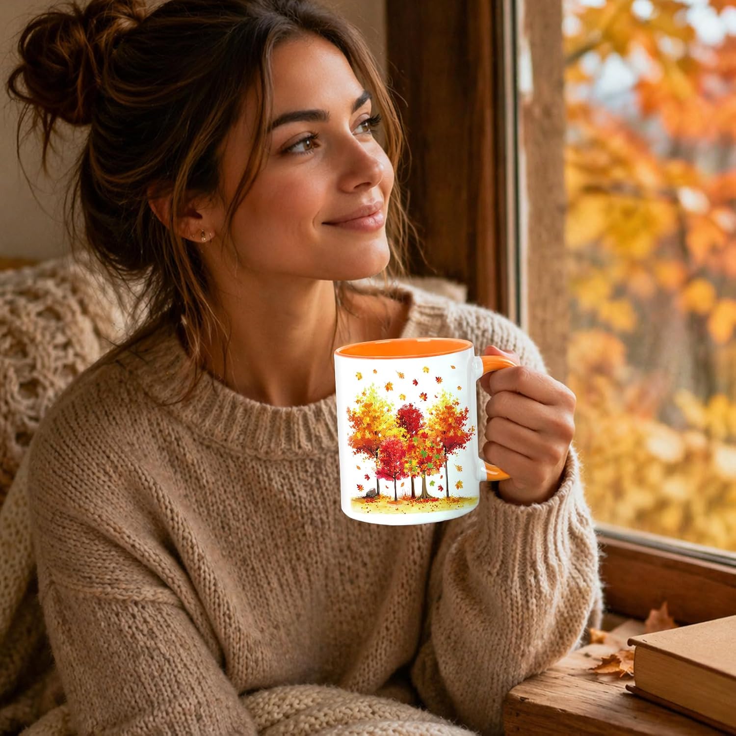 Whaline Fall Mug Maple Leaves Tree Ceramic Drinking Cup Orange Red Yellow Seasonal Coffee Mug for Autumn Harvest Thanksgiving Supplies Table Centerpieces, 12 Oz