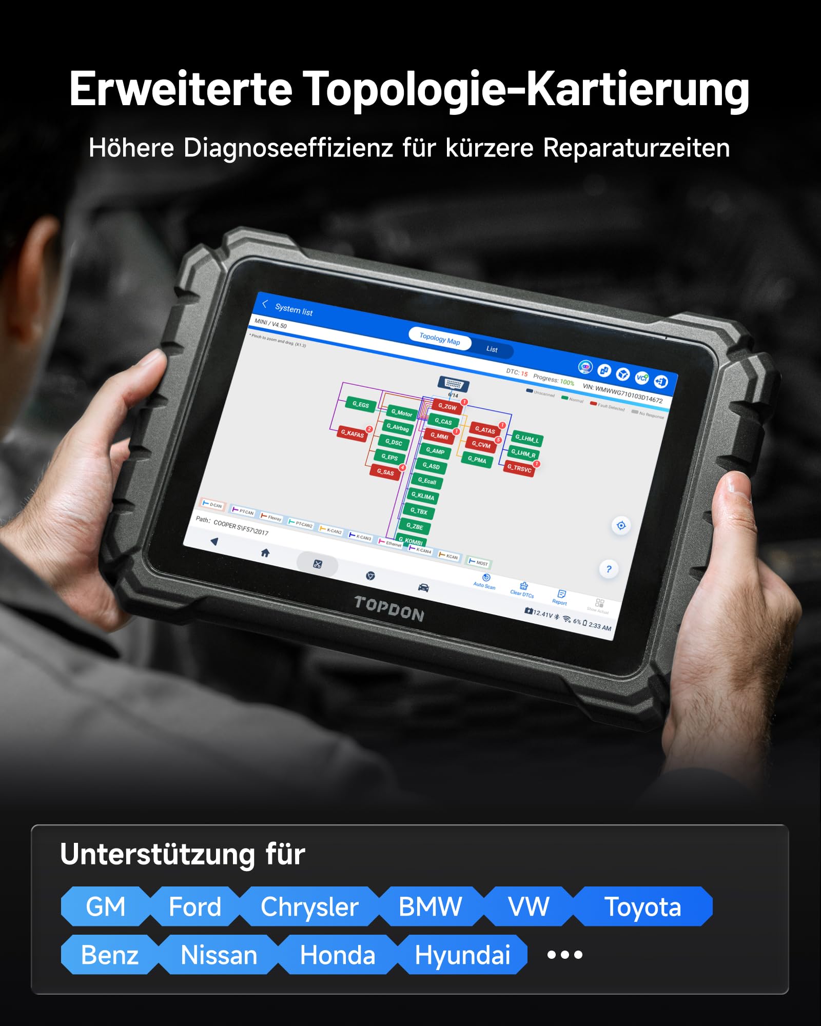 TOPDON ONE 10,1 Zoll OBD2 Diagnosegerät Auto, ECU Codierung & bidirektionaler, OE-Topologie-Mapping, J2534 Pass-Thru, 50+ Servicefunktionen, CAN-FD & DoIP, FCA/Renault/VAG SFD SGW Zugriff, TopFix KI