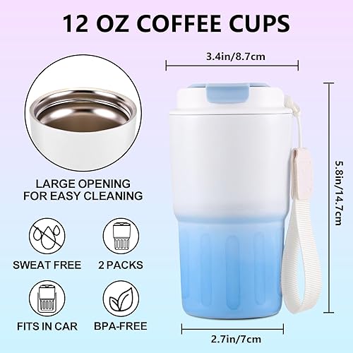 Miniatura 5 de XIAPIA Taza de café de viaje de 12 onzas, paquete de 2 tazas de café con tapas, a prueba de fugas, reutilizables, para café calientehelado, vaso de