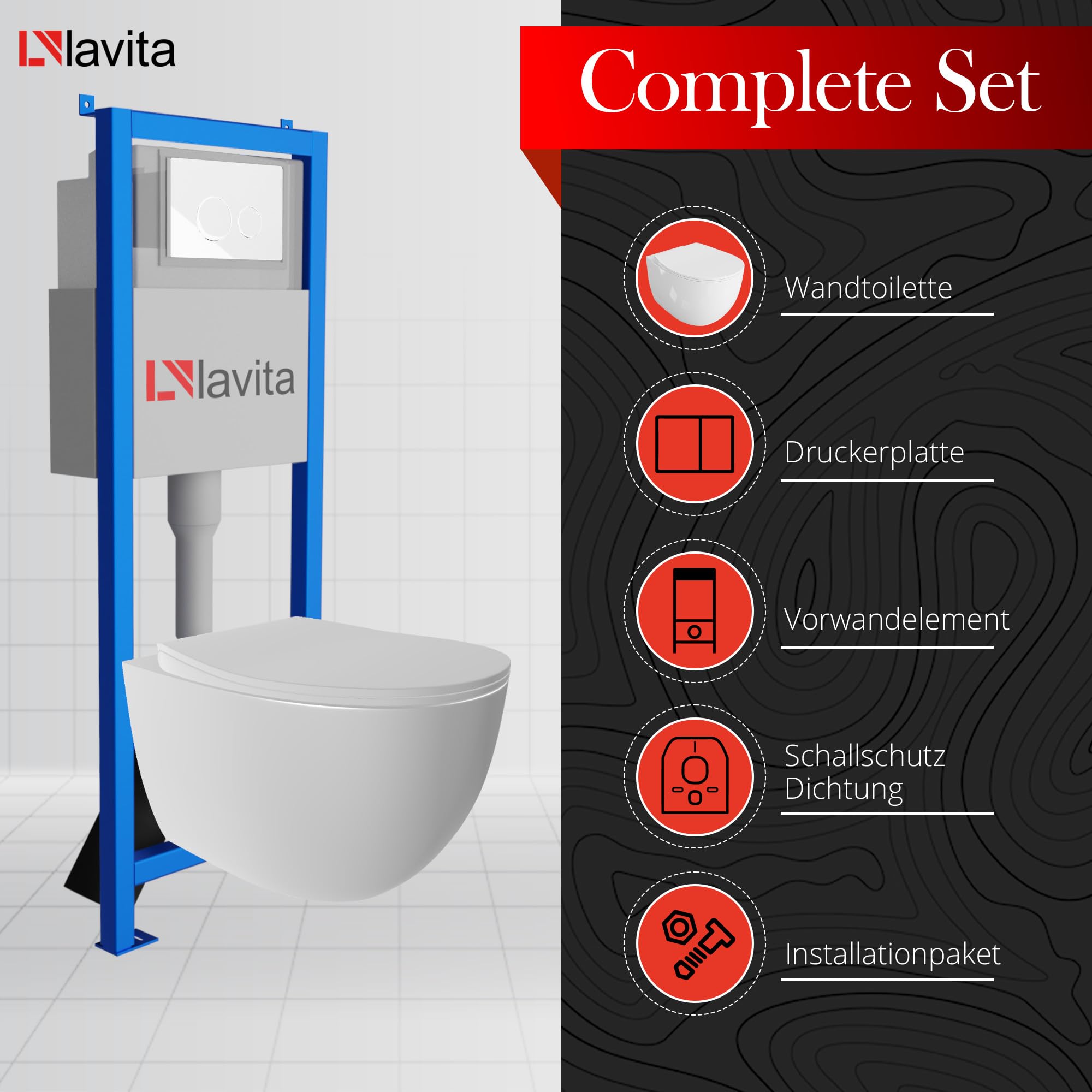 Lavita LAV 101 Vorwandelement für WC 40cm + Wand Hänge Tiefspül WC MONDO Weiß Spülrandlos + Bedienplatte LAV 200.4.1 Weiß | Komplettset | Unterputz Spülkasten | Toilette Komplett Sett