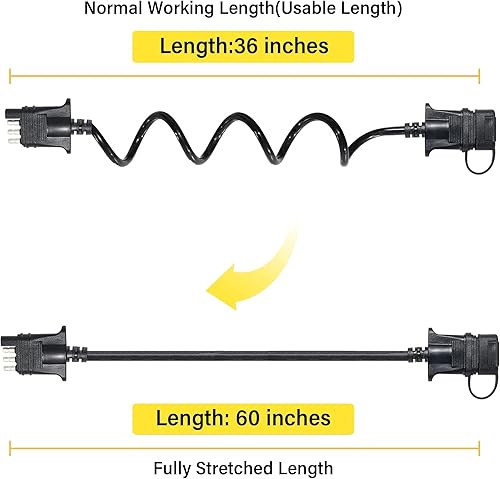 Miniatura 2 de Oyviny Cable de extensión de remolque plano de 4 vías, cable en espiral de 5 pies de 4 pines, arnés de cableado macho y hembra, 18 AWG 60 pulgadas,