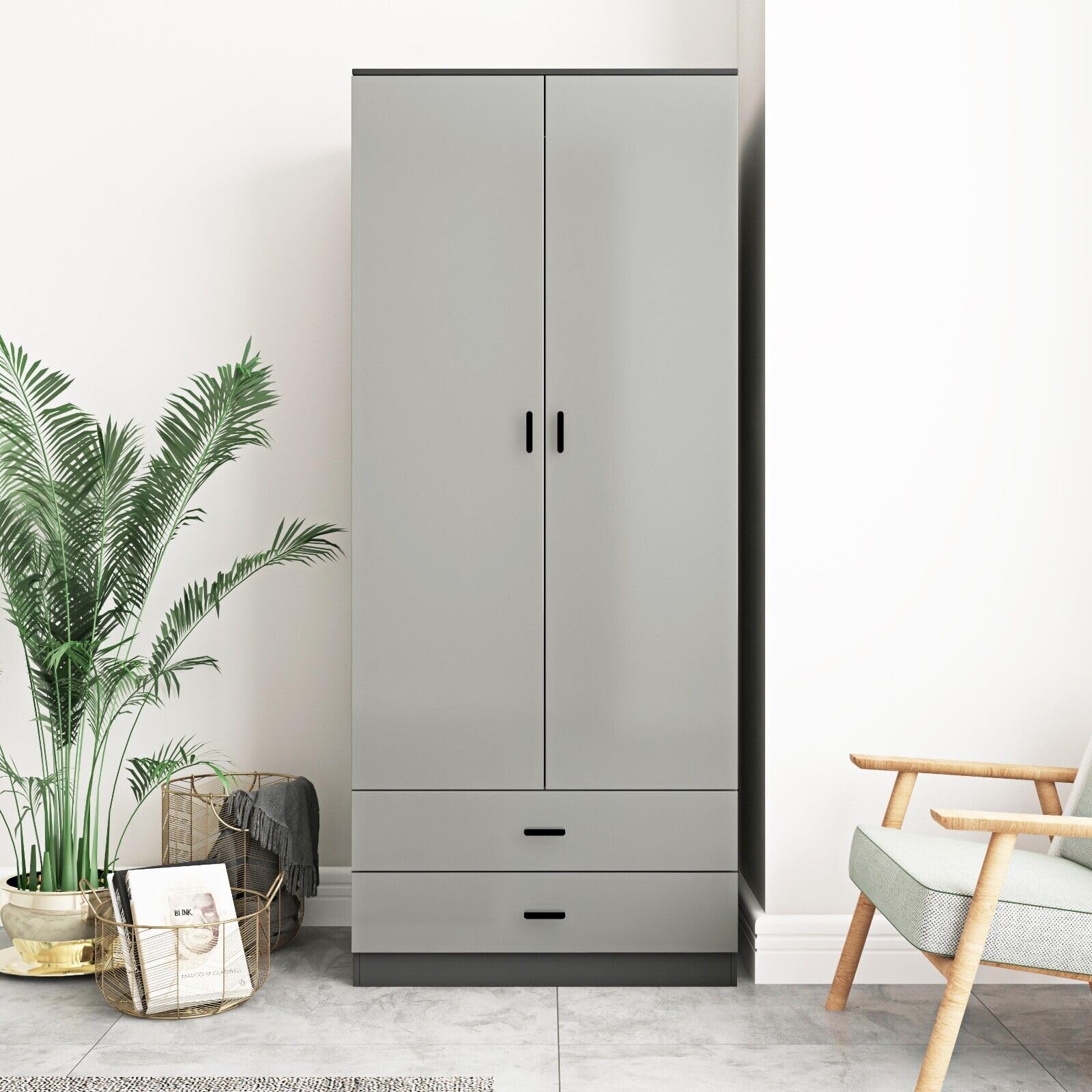 URBNLIVING Glossy Tall 2 Door Wardrobe Bedroom Storage with Hanging Rail Modern Furniture