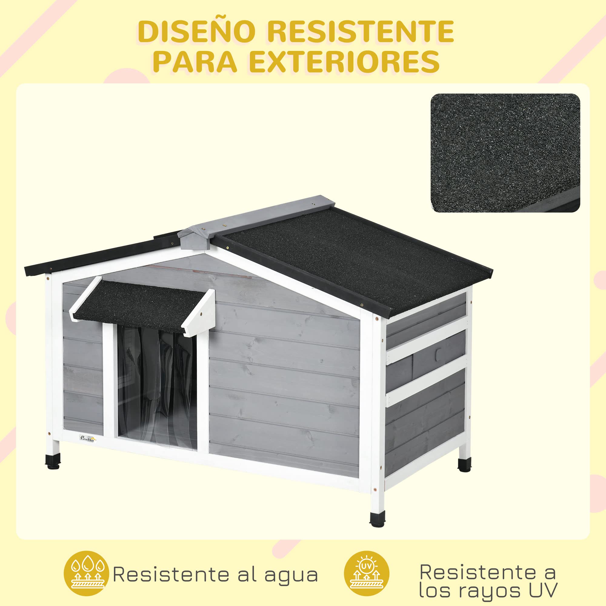 PawHut Caseta para Perros Exterior Casa para Perros Pequeños con Techo Asfáltico Abatible 2 Ventanas Puerta con Cortina y Base Extraíble 97x72x65 cm Gris