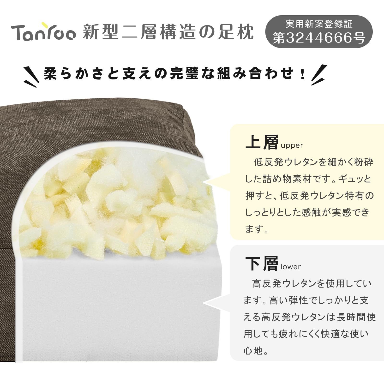 TanYoo 足枕 腰枕 足まくら クッション 低反発+高反発 二層構造 ひざ下枕 就寝用 フットレスト 高め 足置きクッション 足上げ 横向き寝・仰向け寝対応 (ブラウン)
