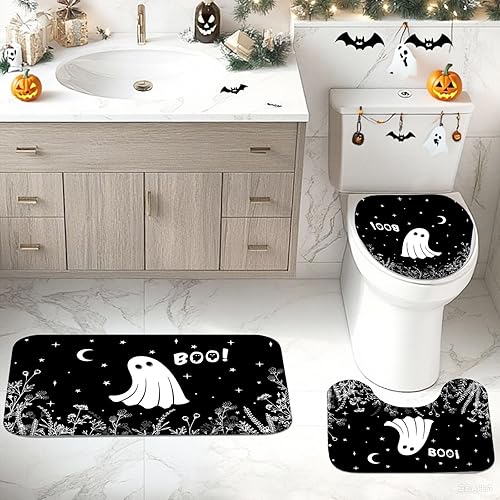 Miniatura 4 de Mocsicka Juego de 4 cortinas de ducha de Halloween, juego de cortinas de ducha de fantasmas espeluznantes negras con antideslizante, lavable,
