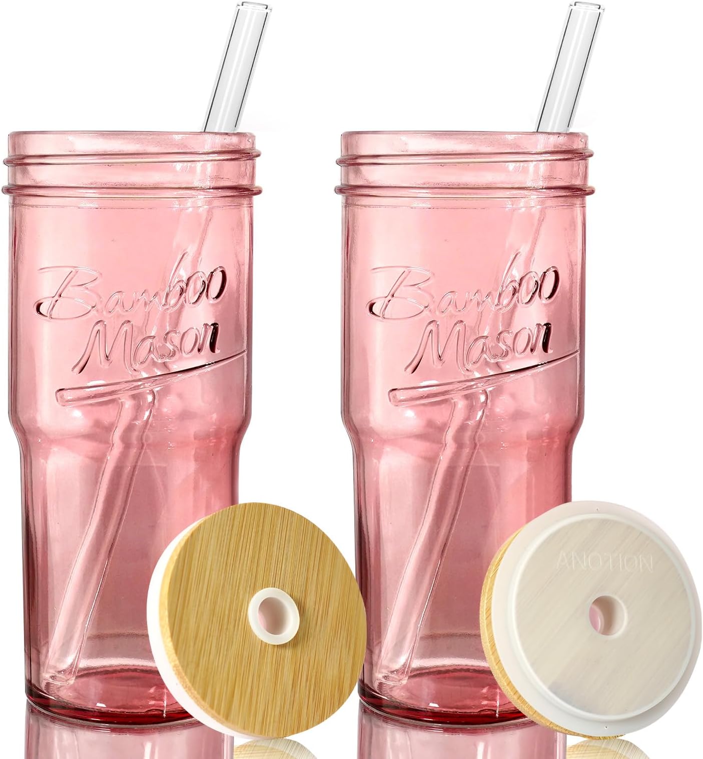 Glass Cups with Lids and Straws, 24oz Pink Glass Tumbler Travel Coffee Mug Bamboo Mason Jar Iced Cup Smoothie Tea Clear Cute Water Drinking Jars Glasses