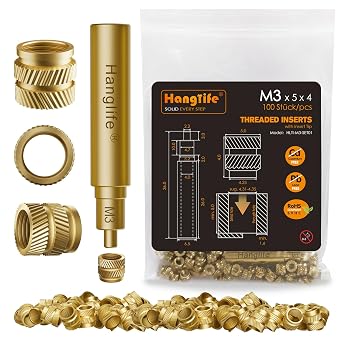 HANGLIFE M3 Heat-Set Threaded Inserts with Insert Tip, Heat Set Insert for 3D Printing Components and Plastic Parts with Soldering Iron Press Tool - Brass Metric Knurled Nuts 100 Pieces