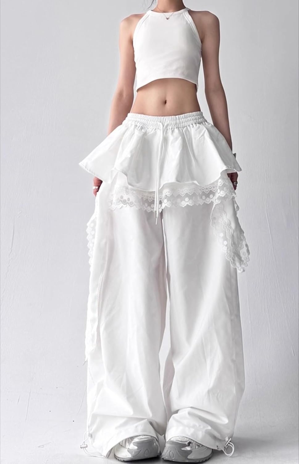 Monkay Women's Y2k Lace Trim Wide Leg Pants Elastic Waist Harajuku Kawaii Loose Pants Trendy Drawstring Trousers