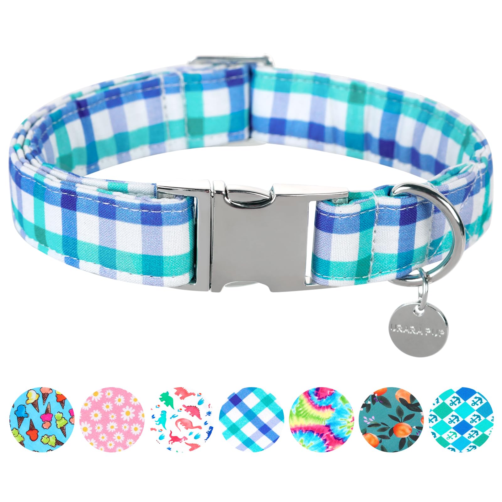 UP URARA PUP Blue Plaid Summer Cotton Dog Collar with Metal Buckle Gift Collar for Small Medium Large Girls or Boys Dogs Cute Durable Comfortable Pet
