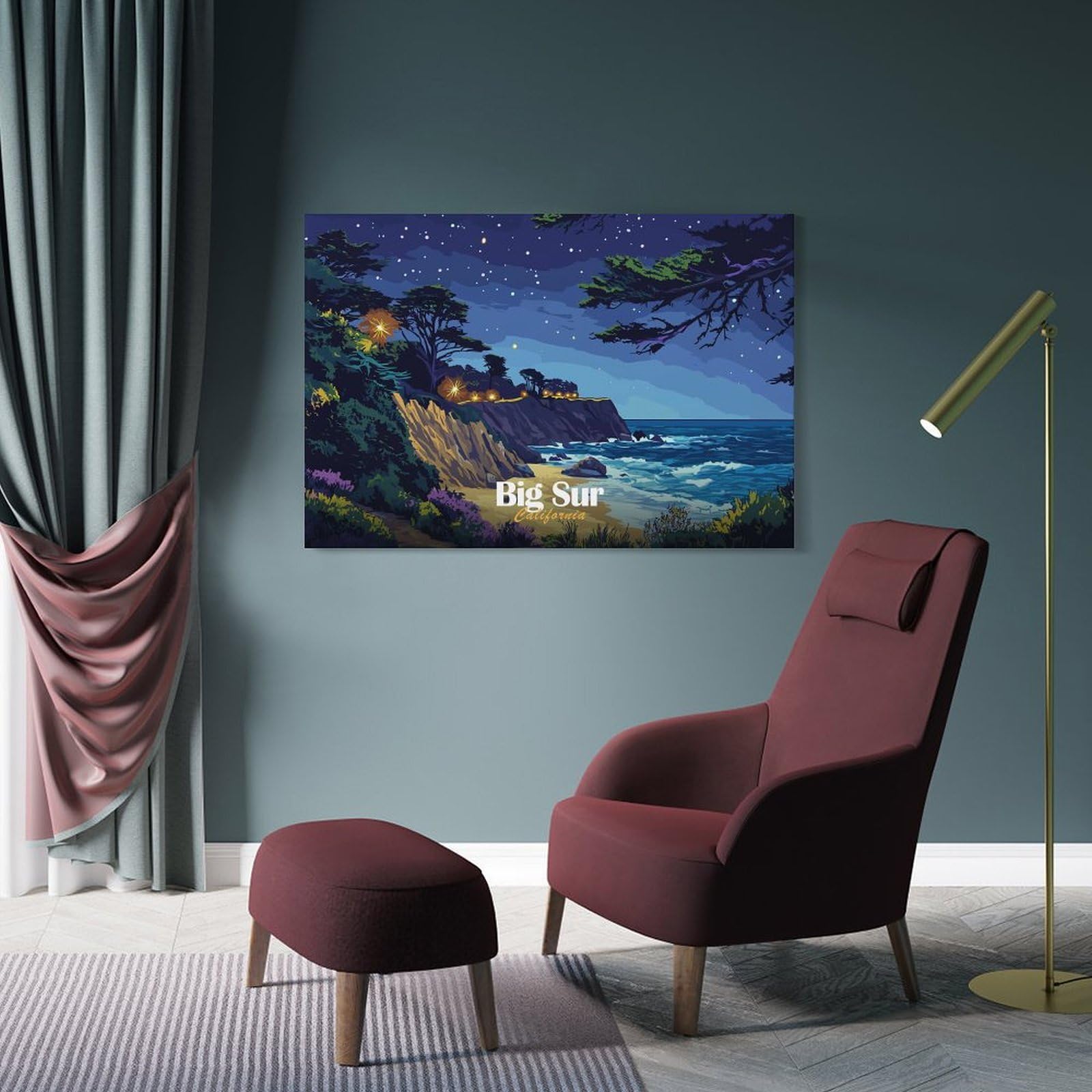 Junmoney Frame-Style-3 Big Sur California Night Landscape Room Decor Wall Art 12X18inch(30X45cm), For Entrance Walls, Hall Decor Or Foyers, A Neat Decor Update For Hallways