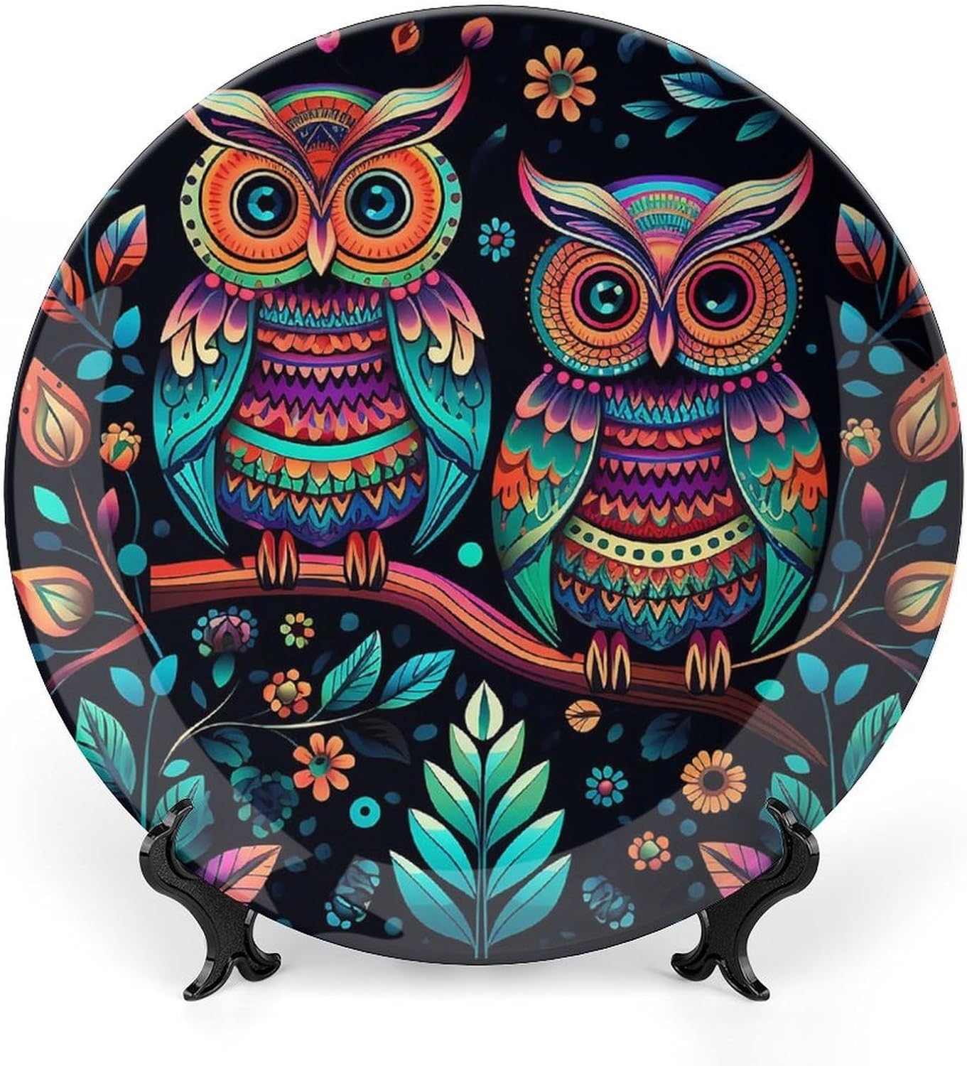 Bone China Decorative Plates Colorful Owl Pictures Ceramic Decorative Plate Wall Decor with Display Stand Ceramic Ornaments for Wall Hanging Decoration