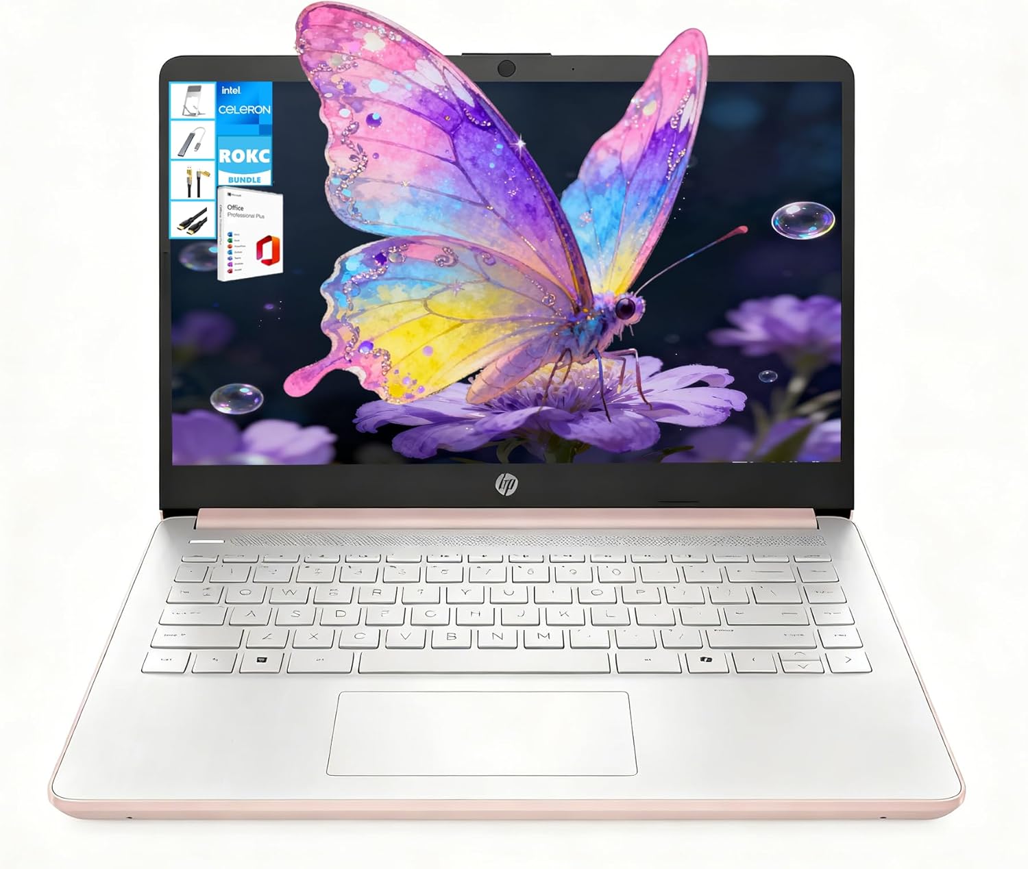 HP Windows 11 Laptop 14 inch HD Screen with Microsoft Office and 1TB Cloud Storage (1-Year)| 4GB RAM| 64GB eMMC| Intel 2-Core CPU| Wi-Fi| Ultra Light| Copilot Ready| Webcam| Rose Gold| RK Bundle