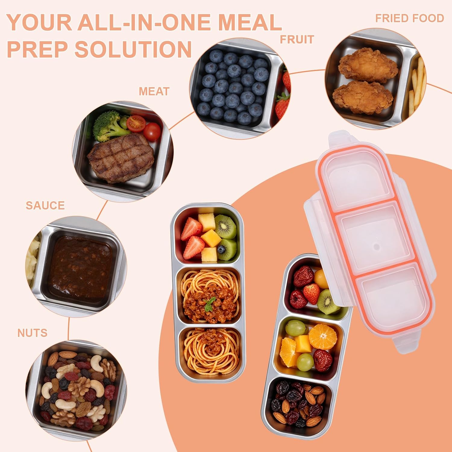 3 Pack 20 oz Stainless Steel 3 Compartments Bento Box image 4