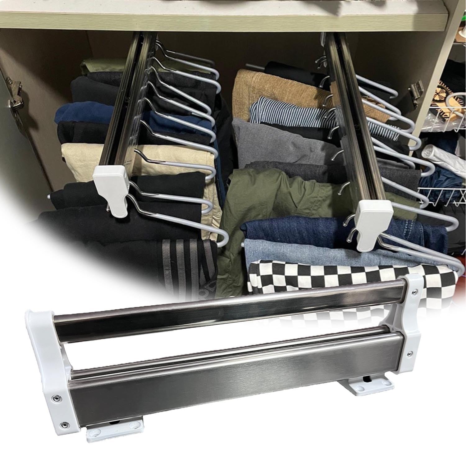 Barra de armario extensible con suave sistema corredizo para jeans