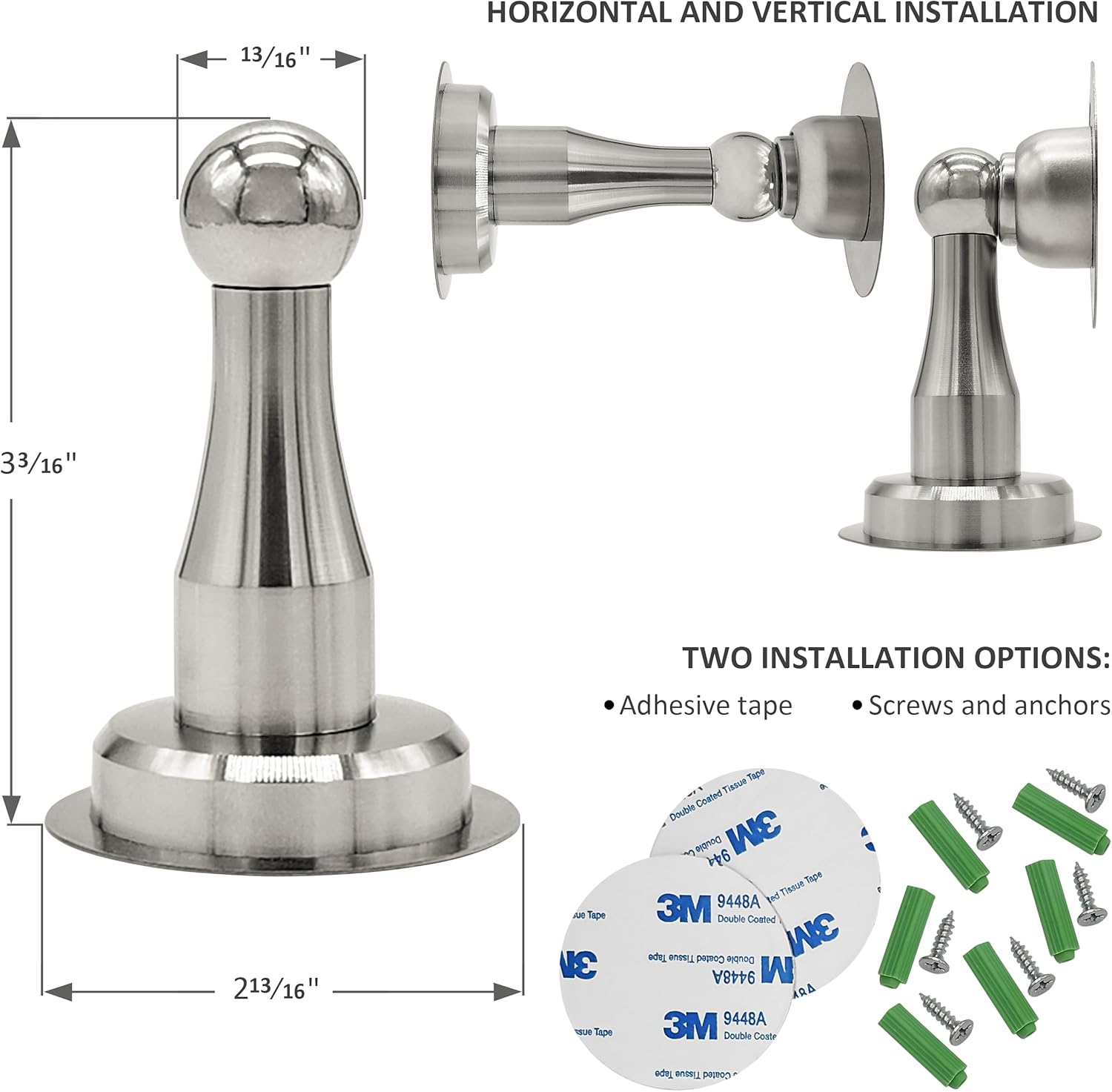 Privacy Door Knob and 3 Door Hinges Set with Magnetic Door Stopper - Complete Interior Door Hardware Kit - Satin Nickel
