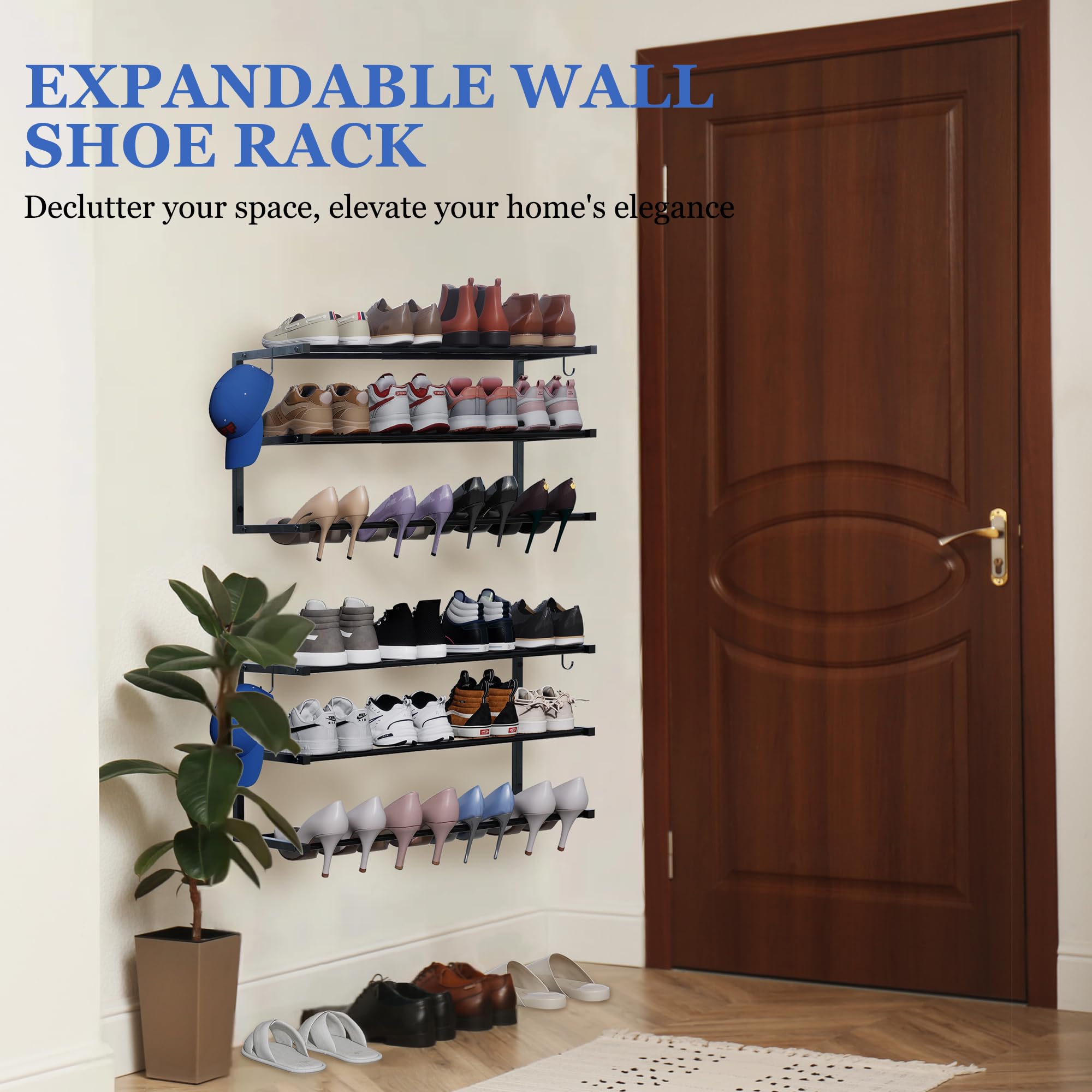 Schuhregal zur Wandmontage, 3 Etagen, hängendes Schuhregal für 24 Paar, 43,2 cm - 76,2 cm, verstellbarer, robuster Schuh-Organizer mit 4 Aufbewahrungshaken, platzsparend für Schrankeingang, schwarz