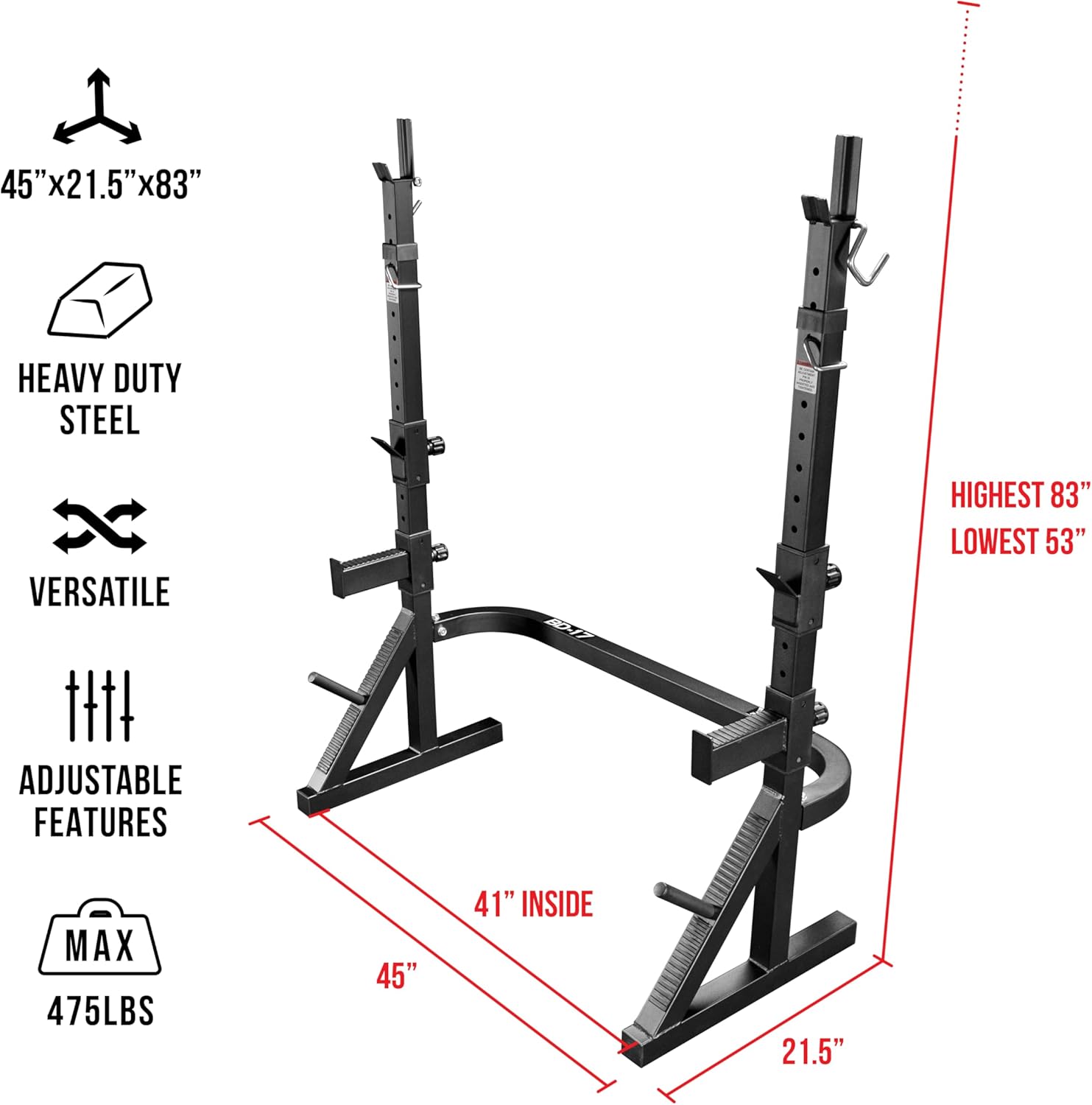 Valor Fitness Adjustable Power Squat Rack with J-Hooks, Locking Safety Catches, and Plate Storage – Home Gym Bench Press Station – Max Weight 475 lbs