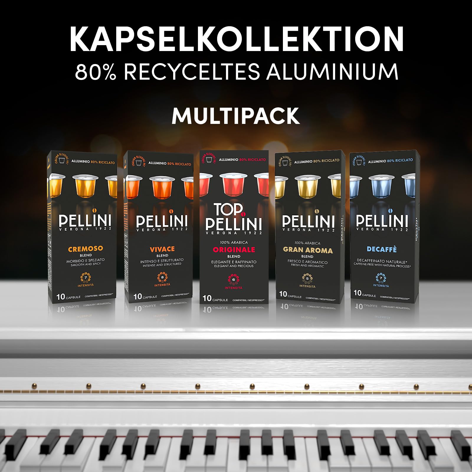 Pellini Aluminium-Kaffeekapseln, Geschenkbox mit 5x10 Mehrgeschmack-Kapseln
