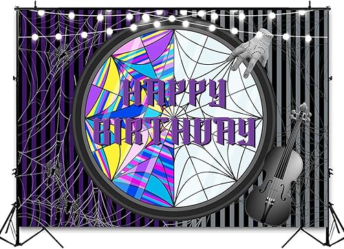 Miniatura 2 de Pancarta de fondo de cumpleaños de miércoles Addams, decoraciones de fiesta de Addams, tela de araña negra y morada, fondo gótico de Halloween,