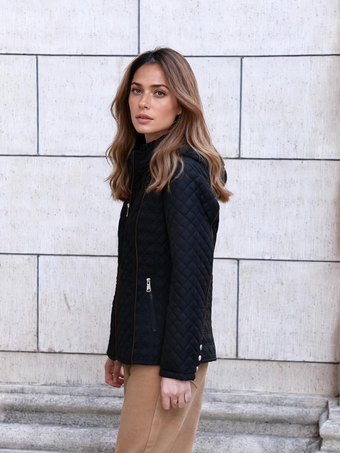 Women's Lightweight Quilted Puffer Jacket Padded Zip Warm Coat Detachable Hooded for Spring and Winter - Image 6