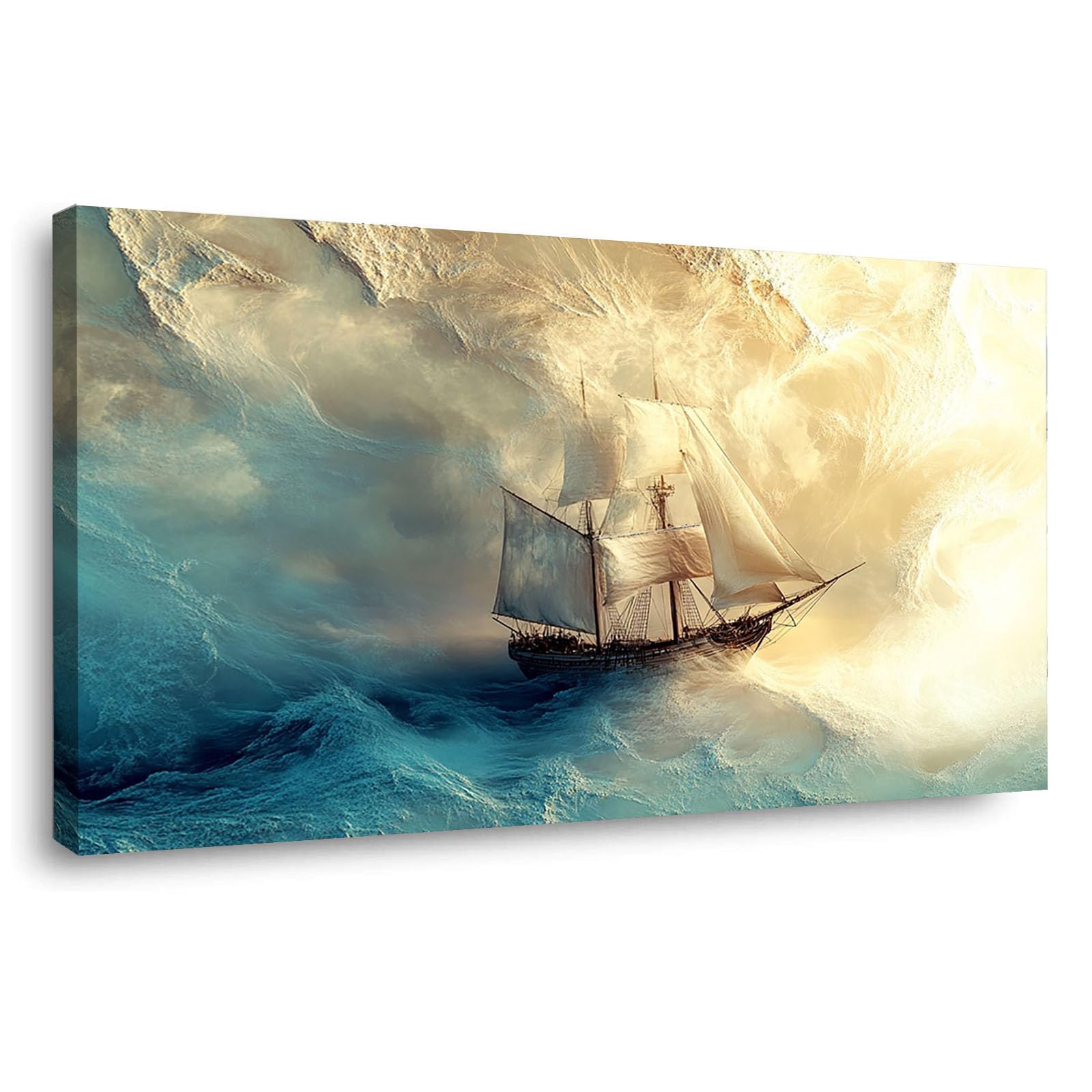 WIKEO Beach Pictures on Canvas Wall Art Abstract Ocean Image Modern Prints Seaview Landscape Artwork - for Living Room Bedroom Home Office Wall Decoration(Gold 3)-20x40cm Framed