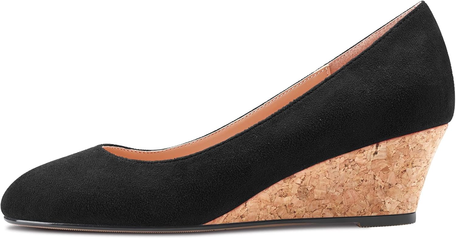 HEUIVZAR Pumps for Women Slip-on Closed Round Toe Block Chunky Wedge Low Heel Pumps Suede Shopping Vacation Classic 2 Inch