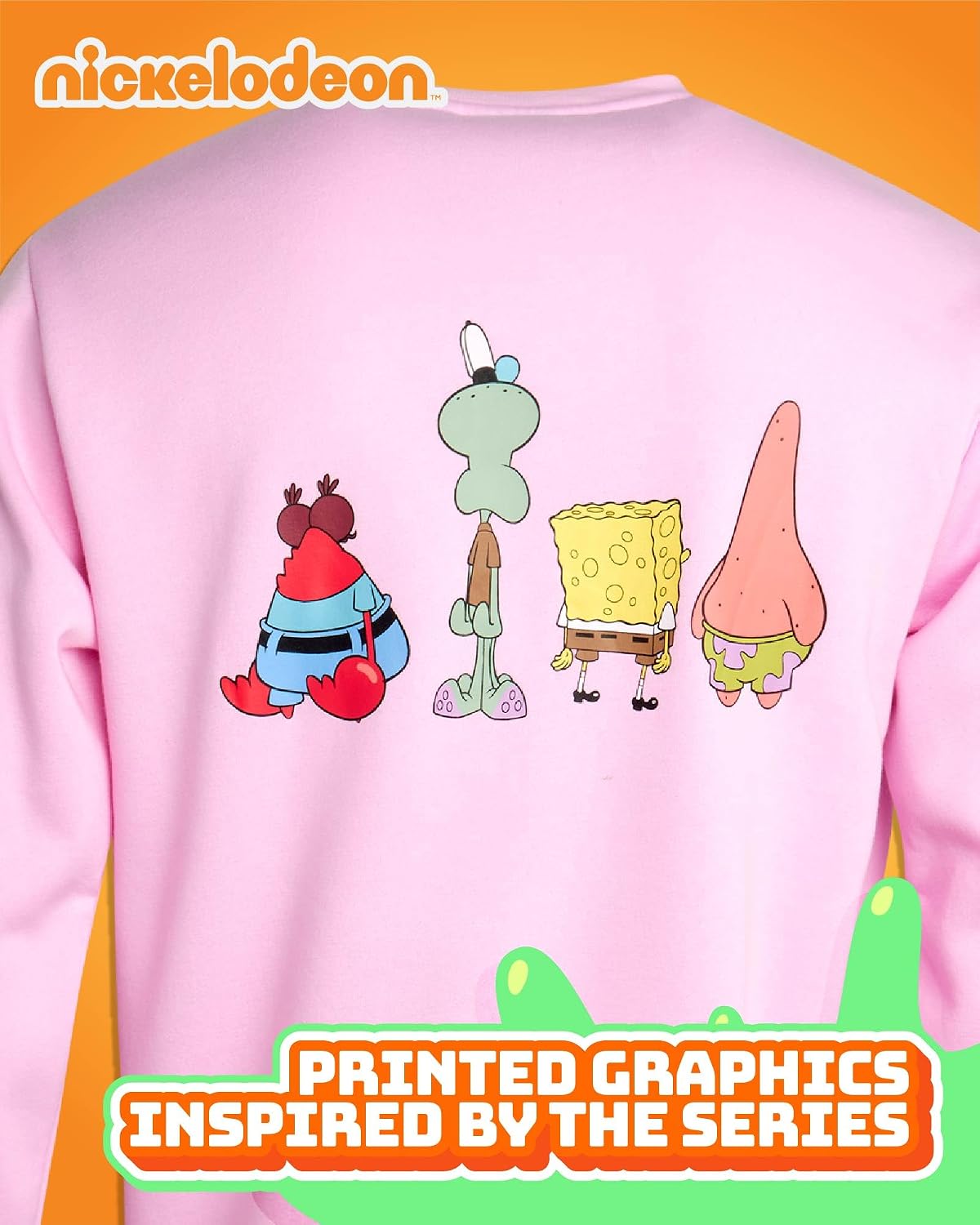 Nickelodeon Mens Sweatshirt SpongeBob Crewneck Graphic Pullover Sweatshirt | Chest & Back Graphic Print, Fleece Crewneck Pullover, Ribbed Cuffs & Hem
