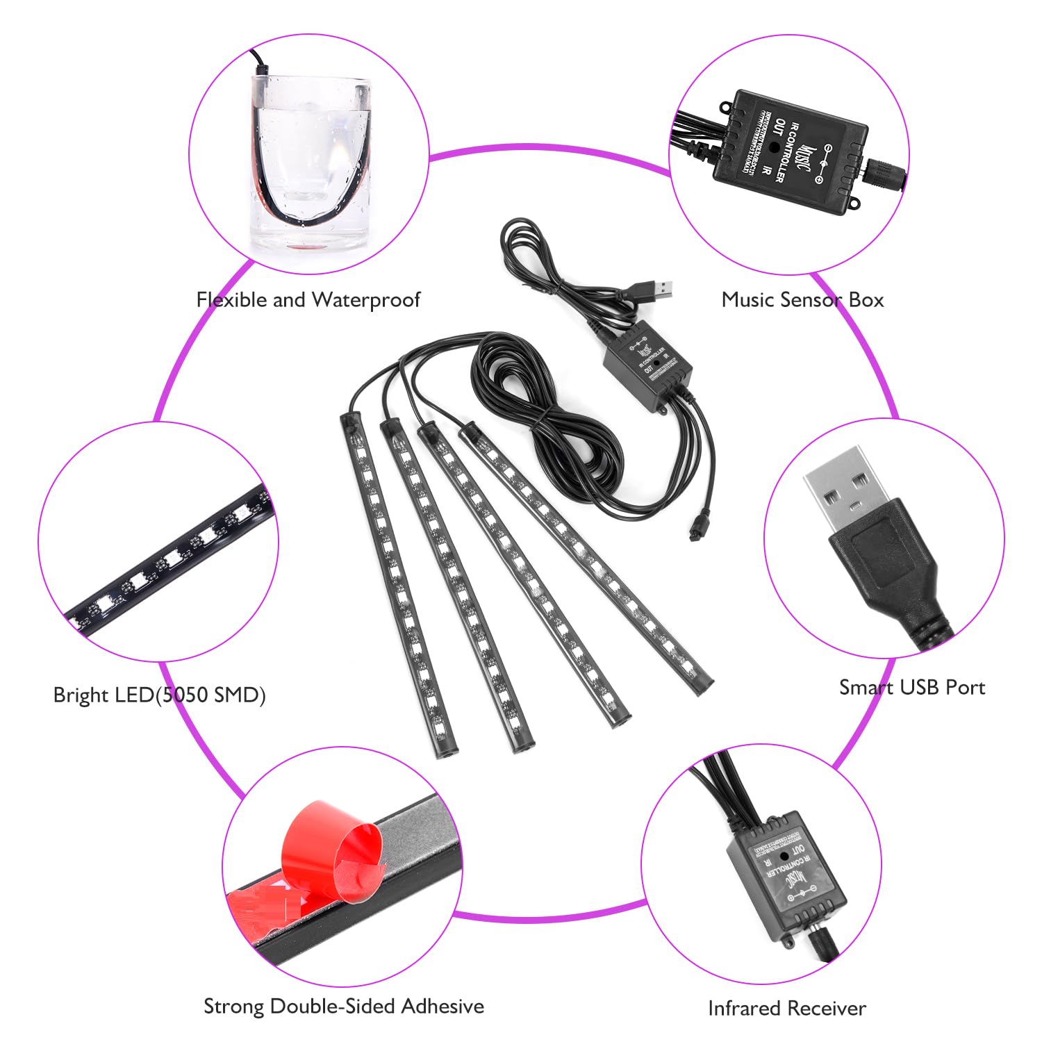 4 Luci LED Multicolore Per Auto Con Telecomando – 48 LED USB, Sound Active, Kit Illuminazione Interna Cruscotto