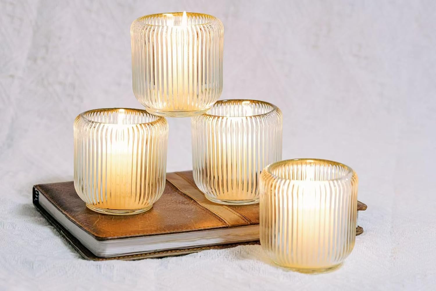 6 Pack Clear Glass Votive & Taper Candle Holders (3.5 Inch) - Thick Ribbed Tea Light & Candlestick Holders Set for Rustic Farmhouse, Living Room, Dining Room Decor