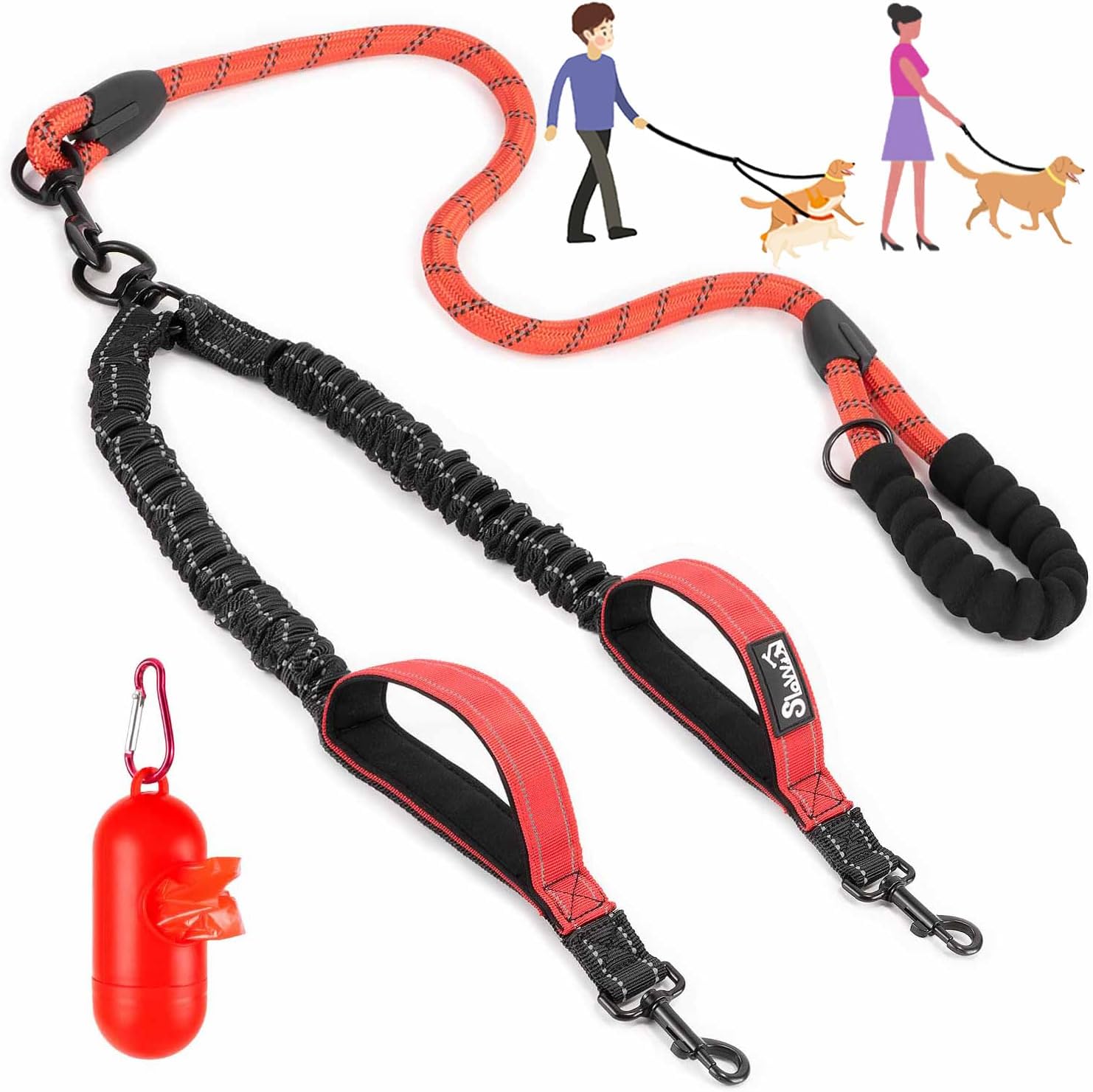Lukovee Double Dog Leash, No Tangle 360° Swivel Heavy Duty Reflective Lead with Two Padded Handles Dual Dog Splitter, Comfortable Shock Absorbing Walking Training for Small Medium Large Dogs(Red,L)