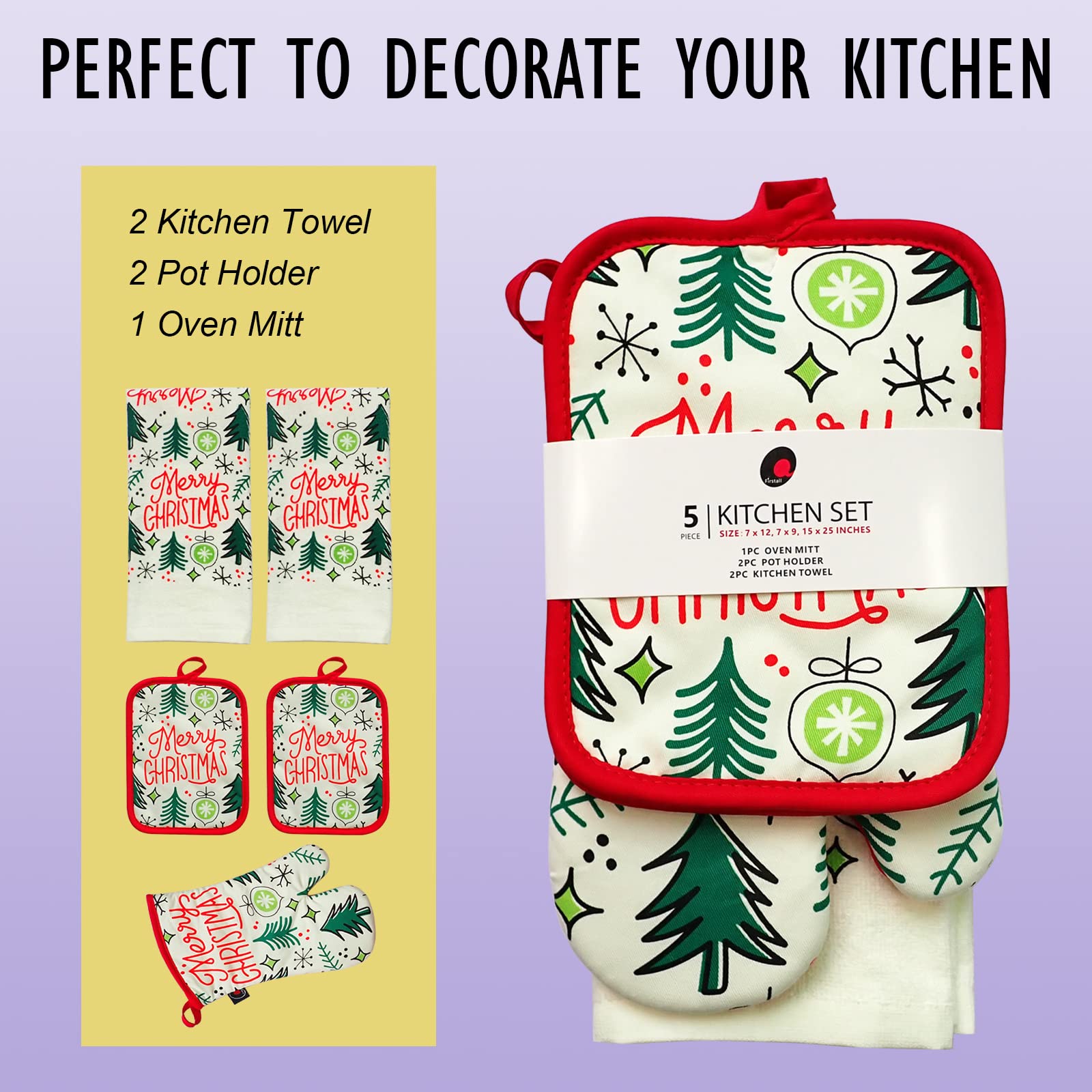 Juego de manoplas de horno y agarraderas 100% algodón perfecto para regalo, hornear y cocinar todos los días, resistente al calor para cocina (5 piezas Feliz Navidad)